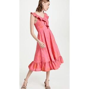 Sika Cybil Pink Orange V-Neck Ruffled Sleeveless Midi Dress Women's Size 16